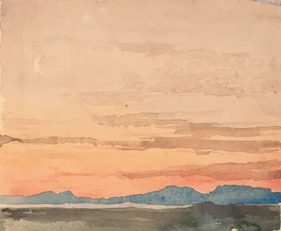 Blick auf das Nordostende des Neuenburger Sees von Ins aus bei Abenddämmerung von Albert Anker