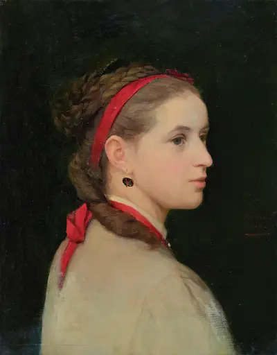 Mädchen mit rotem Haarband von Albert Anker