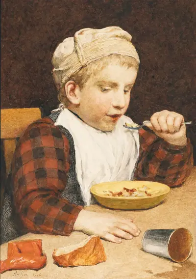 Knabe mit Mütze beim Essen von Albert Anker