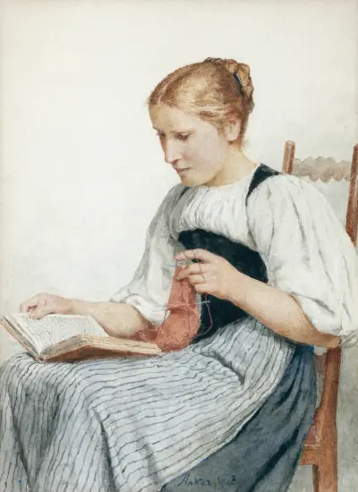 Knitting Girl Reading av Albert Anker