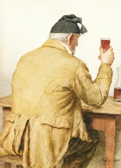 Old Man Sitting At Table, Shown From Behind av Albert Anker