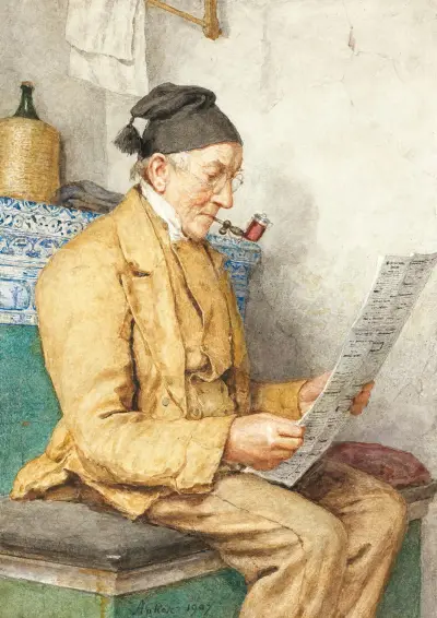 Reading Farmer Sitting By The Tiled Stove av Albert Anker