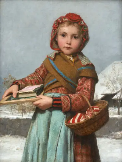 School girl with slate board and sewing basket av Albert Anker