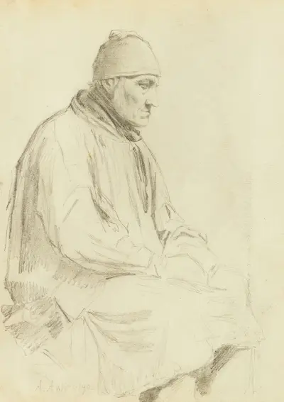Sitzender Mann mit Mütze av Albert Anker