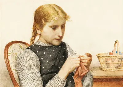 Strickendes Mädchen av Albert Anker