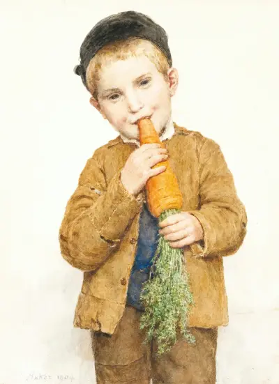 The Little Boy With The Big Carrot av Albert Anker