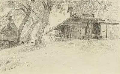 Zwei Bauernhäuser av Albert Anker