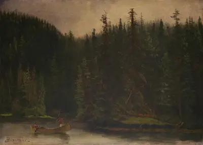 Indianiska jägare i kanot av Albert Bierstadt
