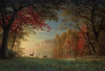 Indian Sunset, Deer by a Lake av Albert Bierstadt