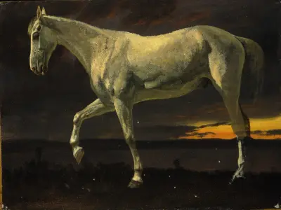 Vit häst och solnedgång av Albert Bierstadt