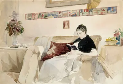 Artist’s Wife Reading On The Sofa av Albert Edelfelt