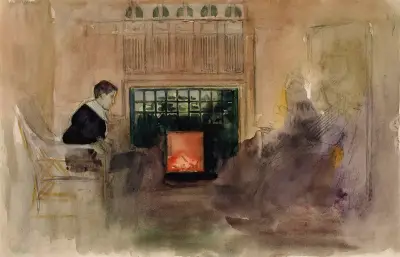 Interiööri taiteilijan huvilalta Kilosta, Erik istumassa uunin vieressä von Albert Edelfelt