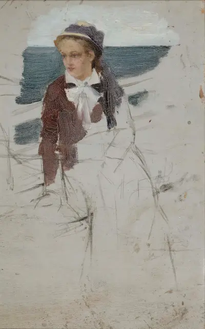 Am Schiffsgeländer sitzende Frau, Skizze von Albert Edelfelt