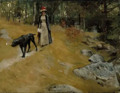 On The Shore Bank (Annie Edelfelt With A Dog) av Albert Edelfelt
