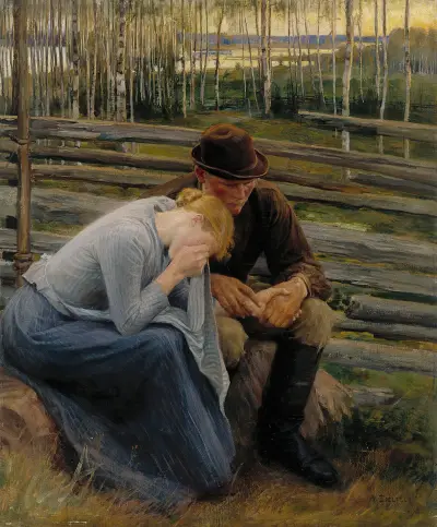 Sorg, variant av illustrationen till dikten Vid Vernamo marknad av Albert Edelfelt