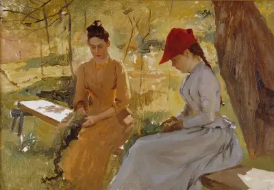 The Artist’s Sisters Annie and Berta Binding Garlands von Albert Edelfelt