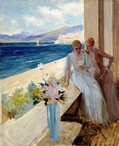 The Artist’s Wife And Emilie Von Etter On The Balcony In Cannes av Albert Edelfelt