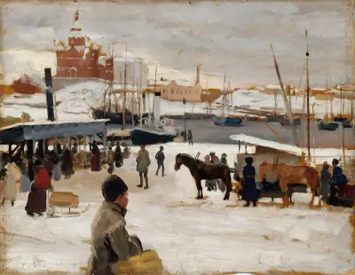 Winter Day In Helsinki Market Square, Study av Albert Edelfelt