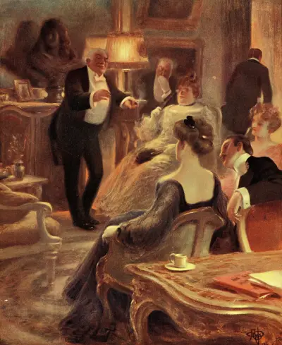 Hommes et femmes dans un salon av Albert Guillaume