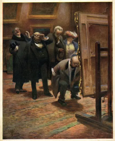 Hommes examinant un tableau av Albert Guillaume