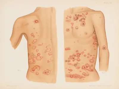 I. Dermatitis herpetiformis, II. Dermatitis herpetiformis (back view) av Prince Albert Morrow