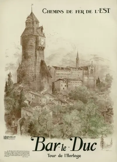 Chemins de Fer de l’Est ; Bar-le-Duc, tour de l’horloge av Albert Robida