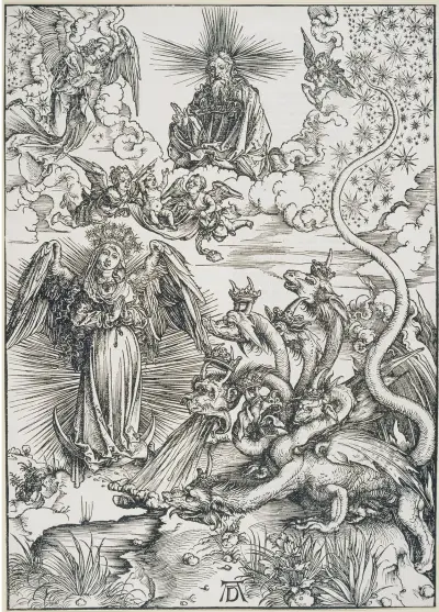 Das Sonnenweib und der siebenköpfige Drache, aus der Folge der Apokalypse, Latein-Ausgabe 1511 av Albrecht Dürer