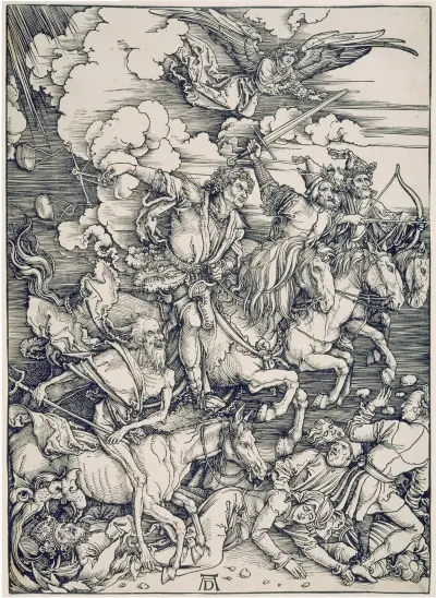 Die apokalyptischen Reiter, aus der Folge der Apokalypse, Einzeldruck vor dem Text av Albrecht Dürer