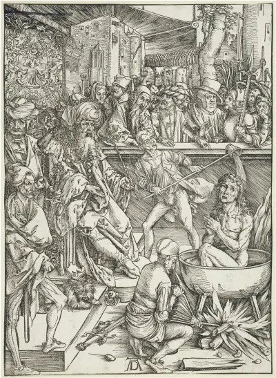Die Marter des Evangelisten Johannes, aus der Folge der Apokalypse, Urausgabe Deutsch 1498 av Albrecht Dürer