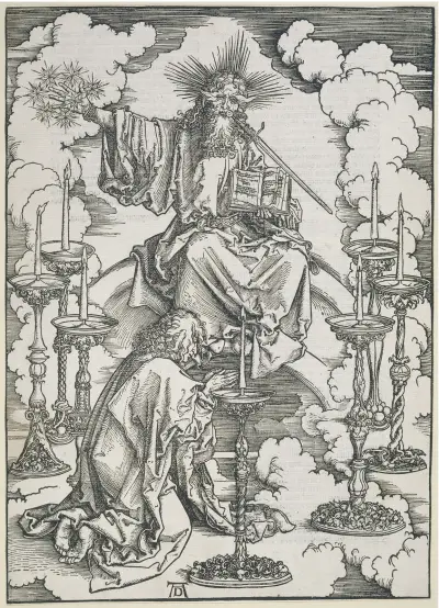 Johannes erblickt die sieben Leuchter, aus der Folge der Apokalypse, Latein-Ausgabe 1511 av Albrecht Dürer