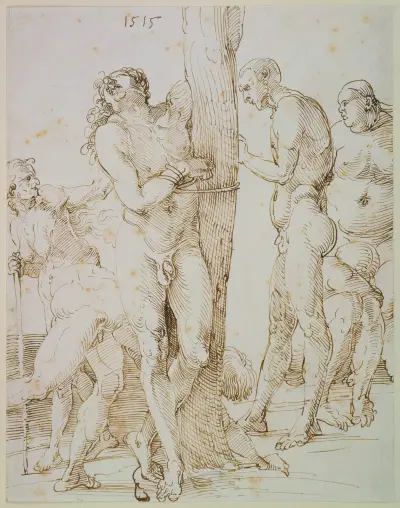 Sechs nackte Figuren, in der Mitte ein an einen Baum gefesselter Mann av Albrecht Dürer