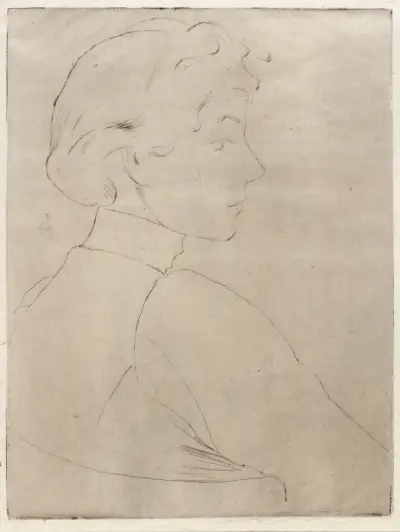 Stort huvud i profil av Julian Alden Weir