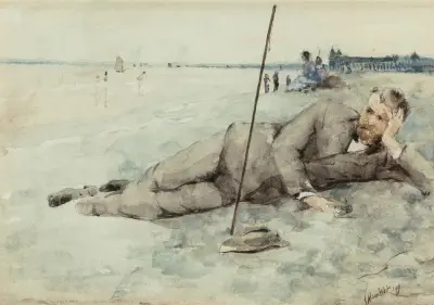 Man vilande på en strand av Julian Alden Weir