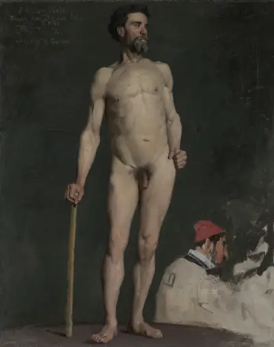 Studie av manlig nakenmodell lutad mot en stav av Julian Alden Weir