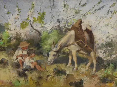 Sommarlandskap med barn och åsna av Julian Alden Weir