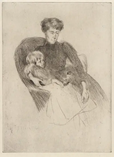 Kvinna och barn, sittande (Mor och barn med leksak) av Julian Alden Weir