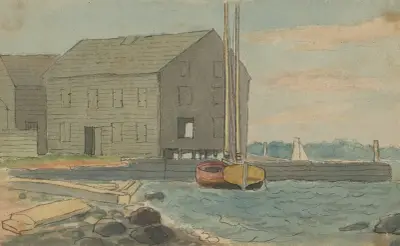 Hafenszene mit kleinem Segelboot und grauem Gebäude von Alexander Anderson