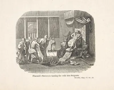 Pharaoh’s sorcerers turning the rods into serpents. av Alexander Anderson