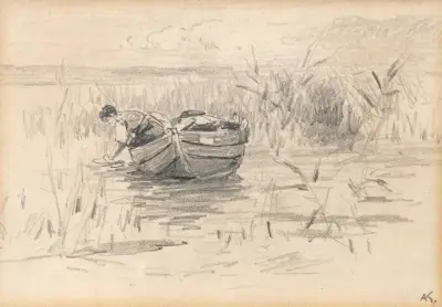 Frau im Kahn am Schilfufer av Alexander Koester