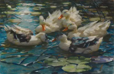 Fünf bunte Enten in blauem Seerosenwasser von Alexander Koester