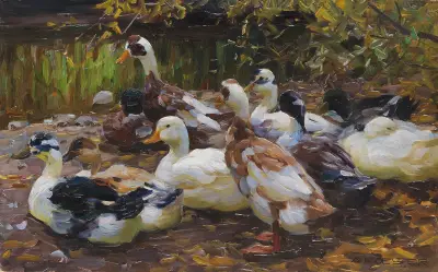 Meine Enten (Elf Enten am Ufer) av Alexander Koester