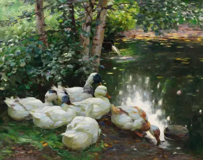Sechs Enten am Teichufer av Alexander Koester