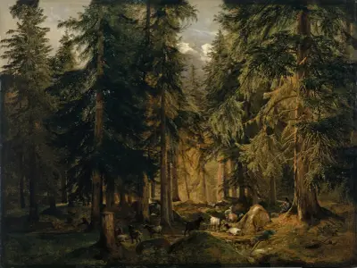 Forest in the High Mountains with Flock of Goats av Alexandre Calame