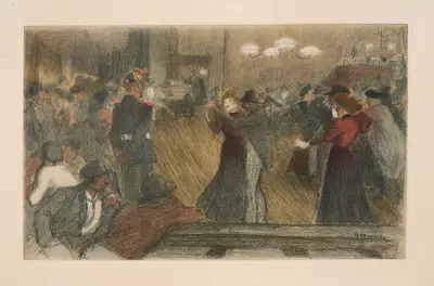 Par på dansgolv, män och soldater ser på från sidan av Théophile Alexandre Steinlen