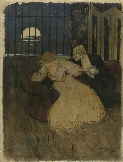 Heer in rok tracht een twijfelende dame op een sofa te overreden av Théophile Alexandre Steinlen