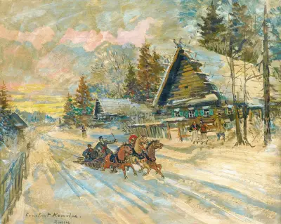 Dragspelare i släde av Konstantin Alexeevich Korovin