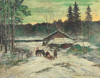 Jägare samtalar med en kvinna i en släde av Konstantin Alexeevich Korovin