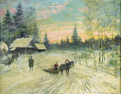 Ung kvinna på släde som avlägsnar sig från en jägare av Konstantin Alexeevich Korovin