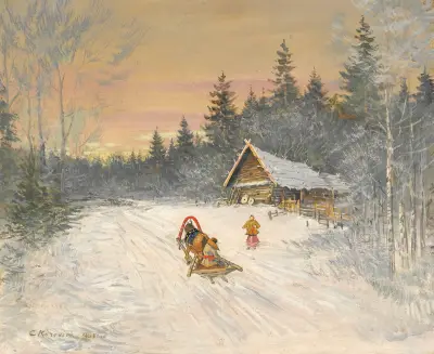 Rosyjska wieś pod śniegiem, Konstantin Alexeevich Korovin