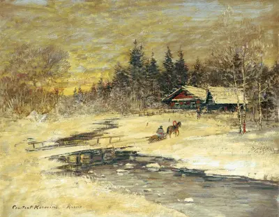 Släde på bro i solnedgång av Konstantin Alexeevich Korovin